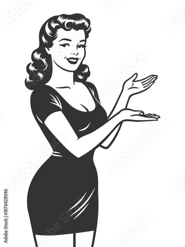  smiling woman in a dress, gesturing with open hands as if presenting a product or idea sketch engraving generative ai fictional character vector illustration. Scratch board. Black and white image.
