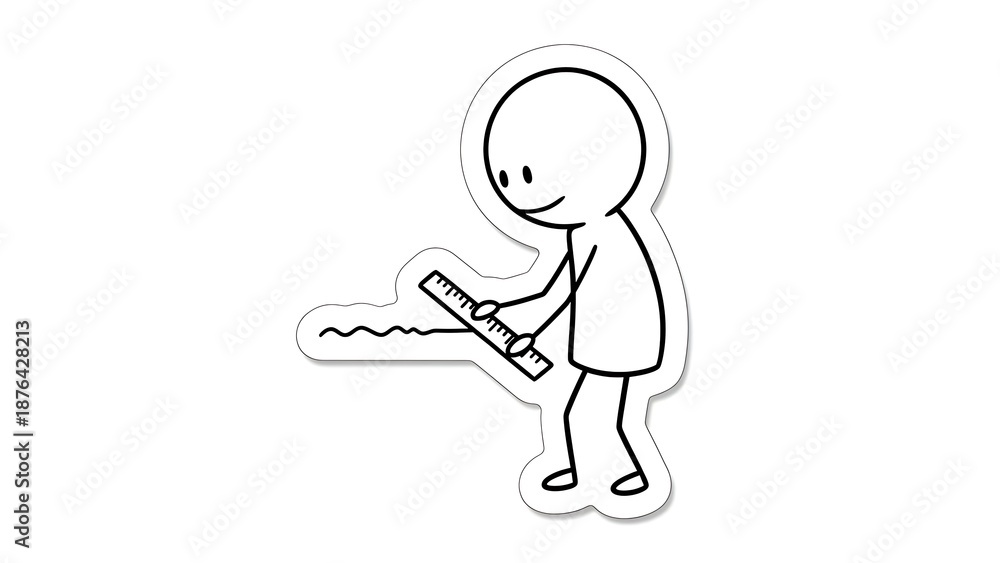 Fototapeta premium Stick Figure Drawing a Wavy Line with a Ruler.