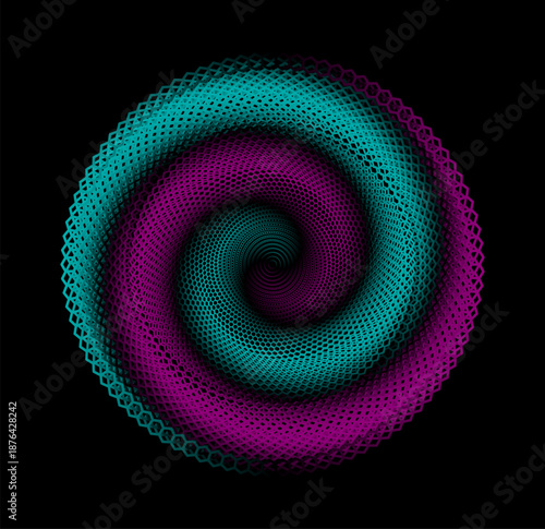 Hypnotic spiral abstract pattern in teal and purple. Mesmerizing vortex design on black background. Round spiral logo. Modern art design element. Colorful swirl pattern. Geometry vector illustration. 