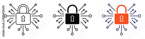 Cybersecurity Padlock Icon Set Representing Data Protection, Network Security, and Digital Privacy