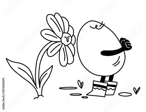 Easter egg character sniffing a smiling spring flower outline illustration for coloring