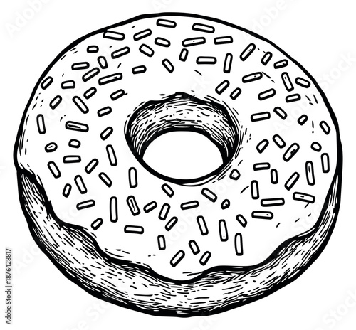 Hand drawn line art illustration of a donut depicting frosting and sprinkles for food menus and bakery designs