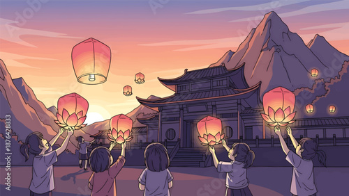 Children Releasing Lanterns at Sunset Temple.