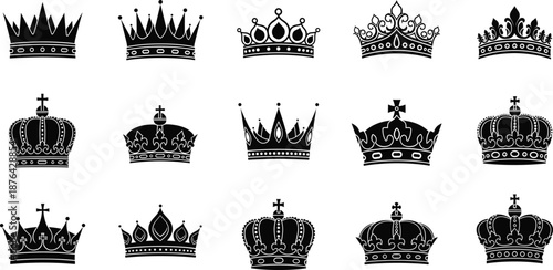 Royal crown icons collection featuring vintage, classic, and ornate king and queen crowns for luxury, monarchy, and elegant designs