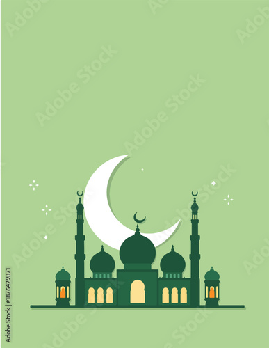 Minimal flat ramadan poster with mosque silhouette and crescent moon on pastel green background