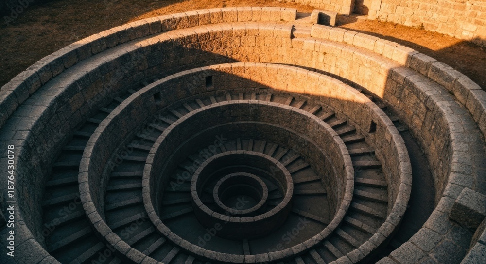 Fototapeta premium Stone spiral staircase descends into a circular well, top-down view bathed in warm light
