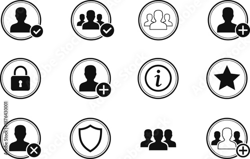 User profile icon vector set featuring account actions, group symbols, security badges, information signs, and favorite profile graphics