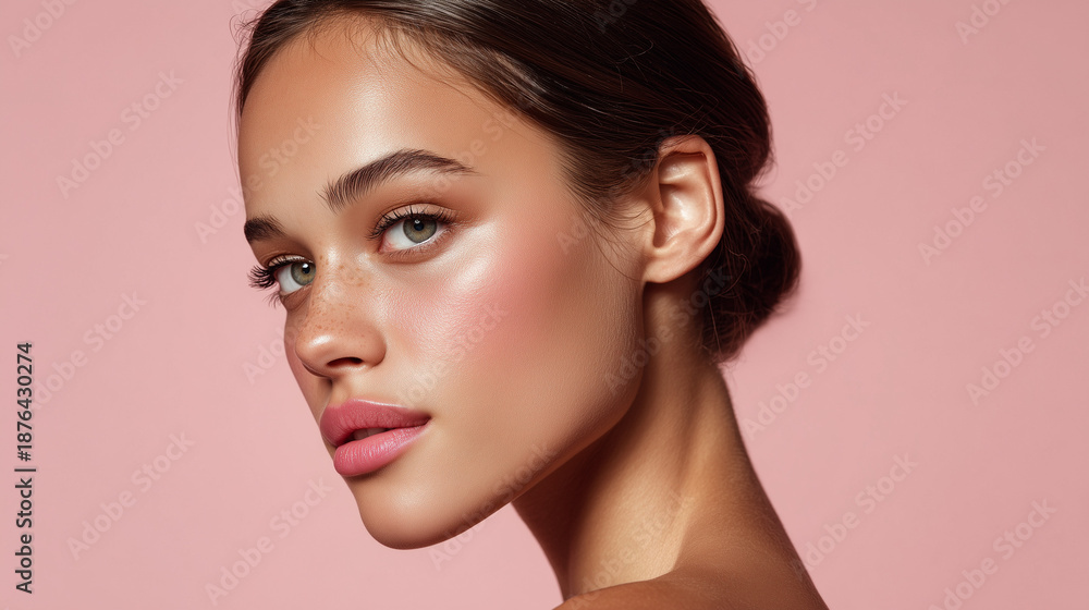 Naklejka premium Clean modern skincare beauty portrait with pastel background and minimal styling. 
