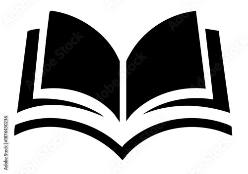 A simple flat minimal design black and white logo representing an open book isolated against a white transparent background