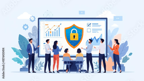 Business security illustration showing data protection, audit checklist, and growth analytics. Flat vector design suitable for cybersecurity, compliance, finance, risk management, and corporate strate