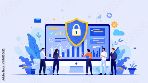 Business security illustration showing data protection, audit checklist, and growth analytics. Flat vector design suitable for cybersecurity, compliance, finance, risk management, and corporate strate