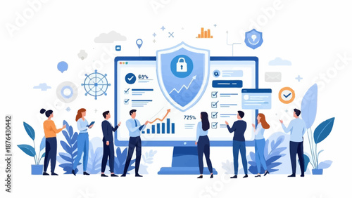 Business security illustration showing data protection, audit checklist, and growth analytics. Flat vector design suitable for cybersecurity, compliance, finance, risk management, and corporate strate