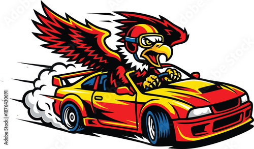 Aggressive Eagle Driving Sports Car Illustration, Powerful Mascot Racing Design with Wings, Speed and Power Concept on White Background