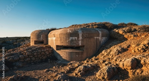 Two concrete bunkers sit atop a rocky hill, against a blue sky. Sunlight illuminates them