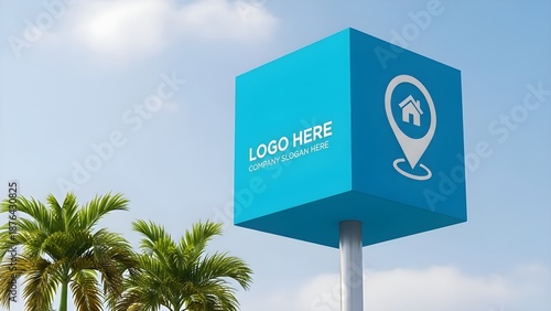 Modern real estate sign with palm trees in background