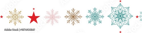 Christmas snowflake border clipart with winter stars, decorative holiday dividers, festive seamless patterns, seasonal line separators, and ornamental designs
