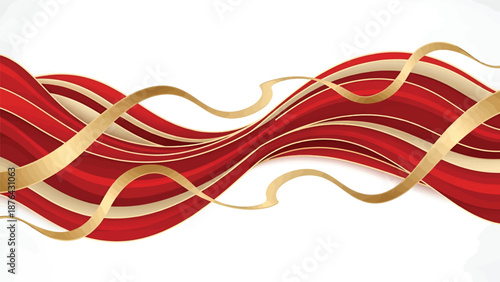Abstract Red and Gold Wavy Ribbons Background.