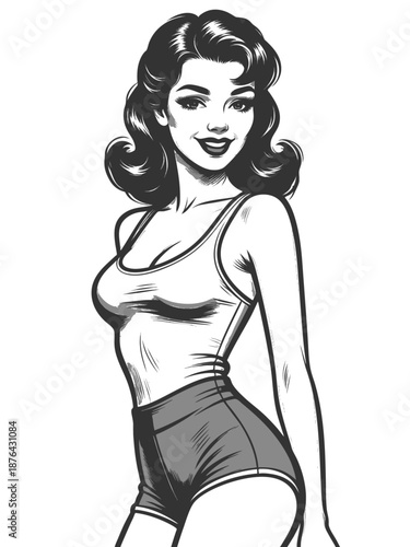 smiling pin-up woman wearing a fitted tank top and high-waisted shorts, posing confidently sketch engraving generative ai fictional character vector illustration. Scratch board. Black and white image.