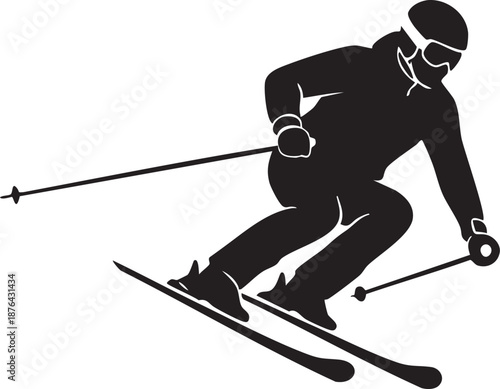 Alpine skier skiing downhill with poles silhouette isolated on white background minimalist winter sports and mountain action illustration
