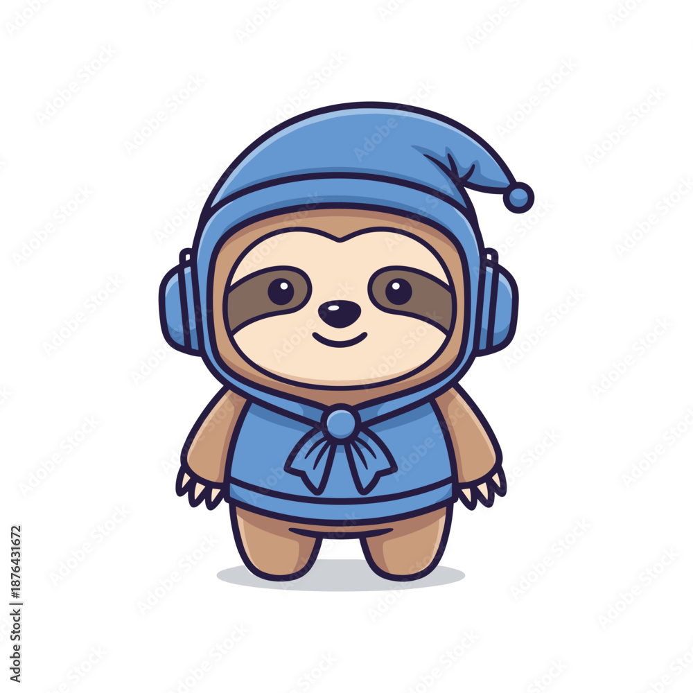 Fototapeta premium Adorable Sloth Wearing Blue Winter Outfit and Headphones