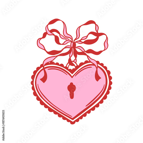 Pink heart shaped lock with lace edges and ribbon bow. Hand drawn vector illustration with red outline. Love, romance, and Valentine's Day concept. Design for greeting card, invitation, poster, banner