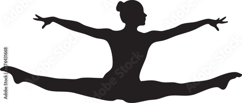 Female gymnast performing split leap mid-air silhouette isolated on white background minimalist artistic gymnastics and flexibility illustration