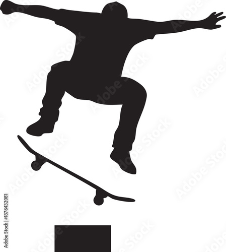Skateboarder performing ollie jump trick in mid-air silhouette isolated on white background minimalist skateboarding and street sports illustration