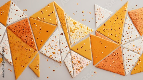 Geometric mosaic of orange white and yellow triangular tiles forming a tessellated pattern
