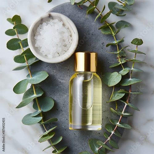 Elegant essential oil bottle with eucalyptus and sea salt