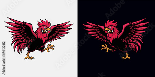 Dynamic Illustration of a Majestic Rooster on Dual Backgrounds, Graphic Artwork, Vibrant Colors and Design