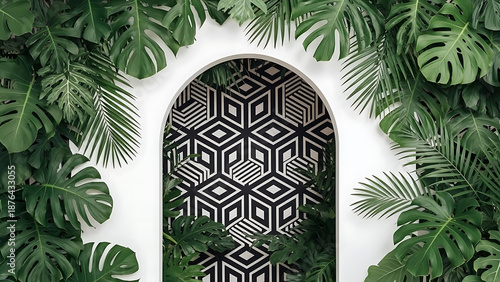 Modern tropical archway with geometric pattern and lush greenery