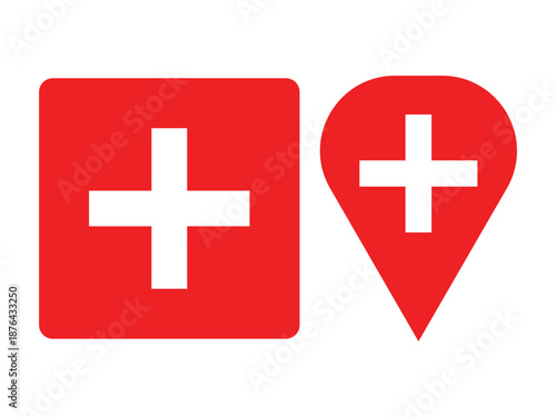 red cross symbols in square and map pin silhouette