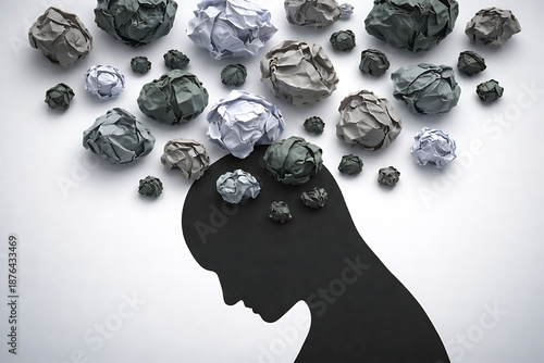 Overwhelmed Mind: A powerful depiction of a troubled mind, illustrated by a silhouette head burdened by a multitude of crumpled paper balls symbolizing stress, anxiety, and mental overload.