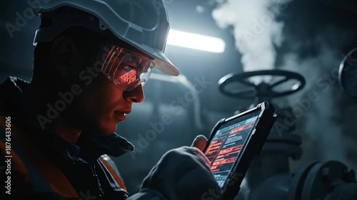 Engineer using tablet to monitor oil pipeline operations in industrial setting