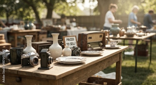 Outdoor yard sale showcases vintage items on tables, with shoppers blurred in the background