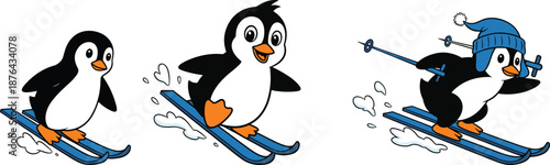 Penguin, Ski, Cartoon, Winter, Snow, Hat, Pole, Motion, Fun, Sport, Character, Animal, Ice, Blue, Pose, Action, Outdoor, Vector, Illustration, Design