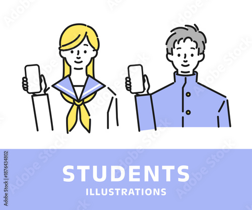 スマホを持つセーラー服と学ランの制服を着た男女