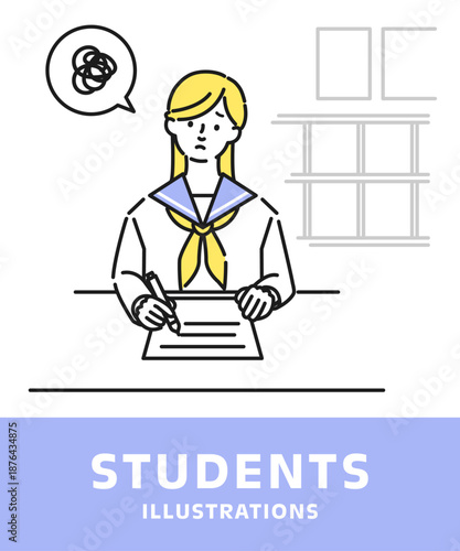 テストで悩む学生服を着た女の子