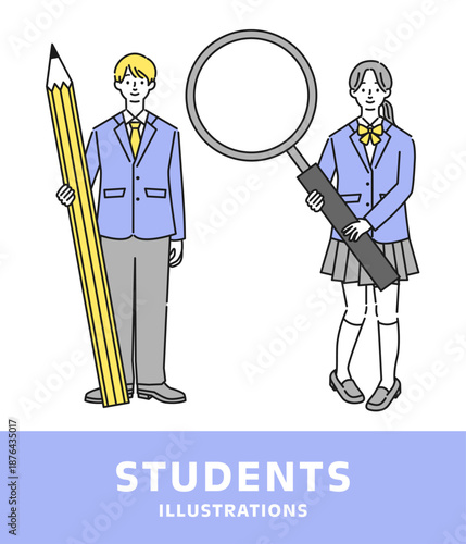 大きな鉛筆と虫眼鏡を持つ学生たちのイラスト