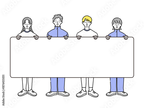 体操服とジャージを着て看板を持っている学生のイラスト