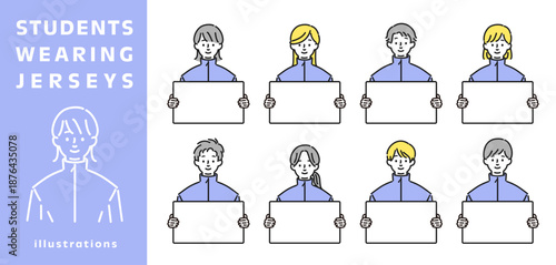 白い看板を持つジャージ姿の男女のセット