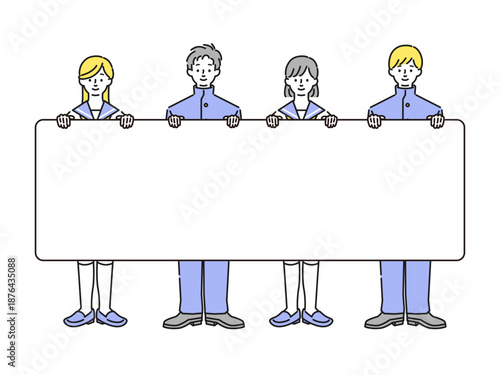 大きな看板を持ったセーラ服と学ランを着た学生たちのイラスト