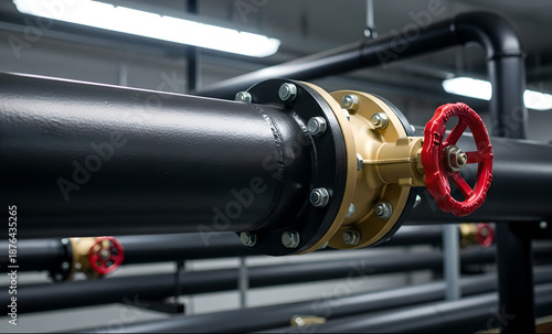 Industrial central heating system pipes and pumps on boiler room. Building plumbing infrastructure