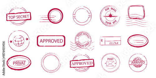 Red stamp set top secret sign, confidential envelope, letter, rubber seal. Stamps with wavy lines, decorative edges. post office marks and envelope designs, vintage