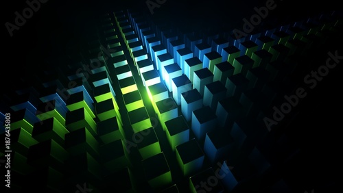 Abstract geometric background. Rows of volumetric cubes illuminated with blue and green neon light. Structure in perspective. 3d digital illustration.