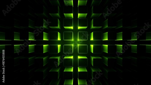 Abstract symmetrical structure of glowing neon cubes on a dark background. 3d rendering illustration.