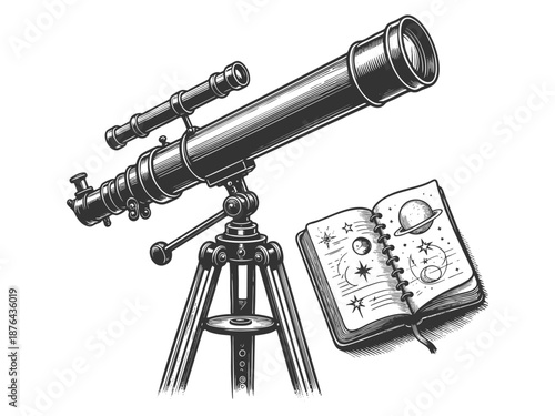 telescope aimed at the starry night sky beside an open astronomy book on a table sketch engraving generative ai fictional character vector illustration. Scratch board imitation. Black and white image.