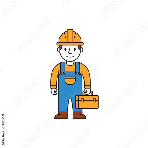 Construction Worker with Toolbox in a Vibrant Office Environment - Cartoon Illustration