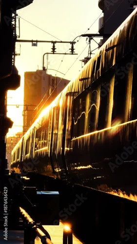 side view of train passing in a city with yellow sunset backlit