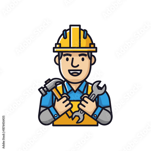 Skilled Worker with Tools in Industrial Setting - Illustrative Style and Bright Color Palette